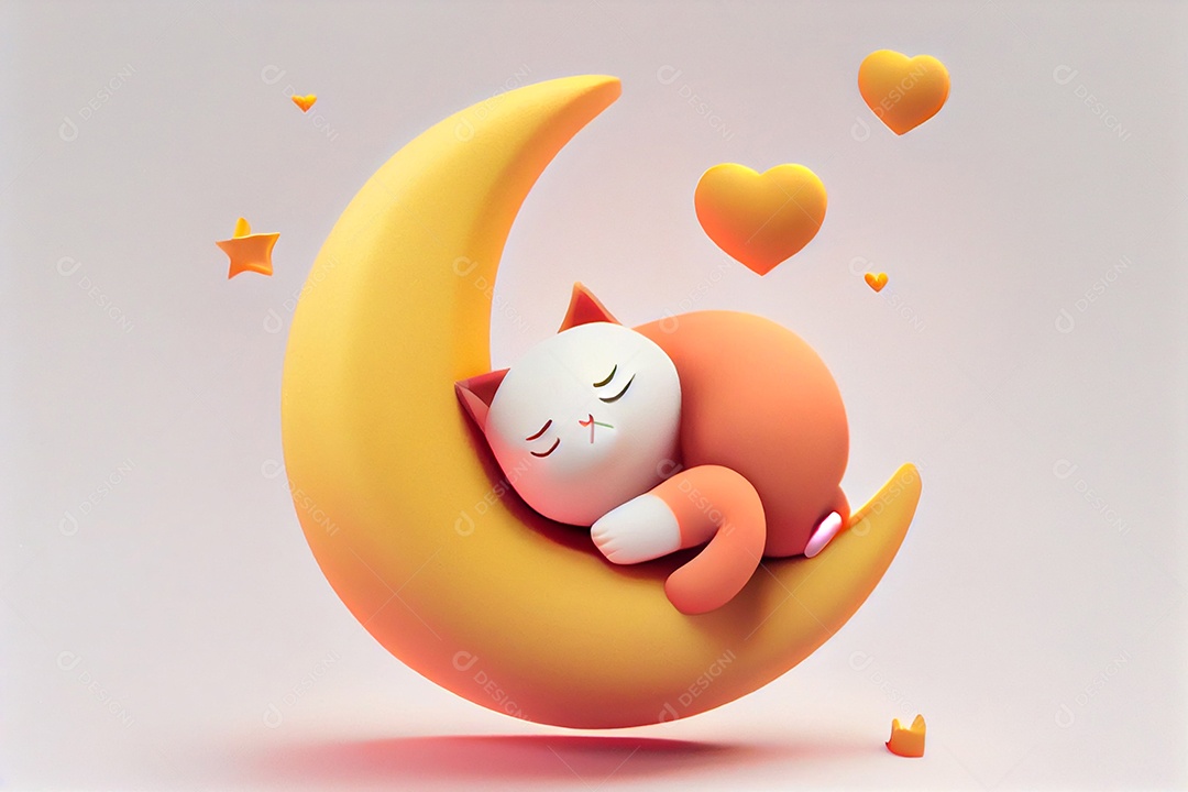 O personagem de gato bonito dormindo na lua e sorrindo.