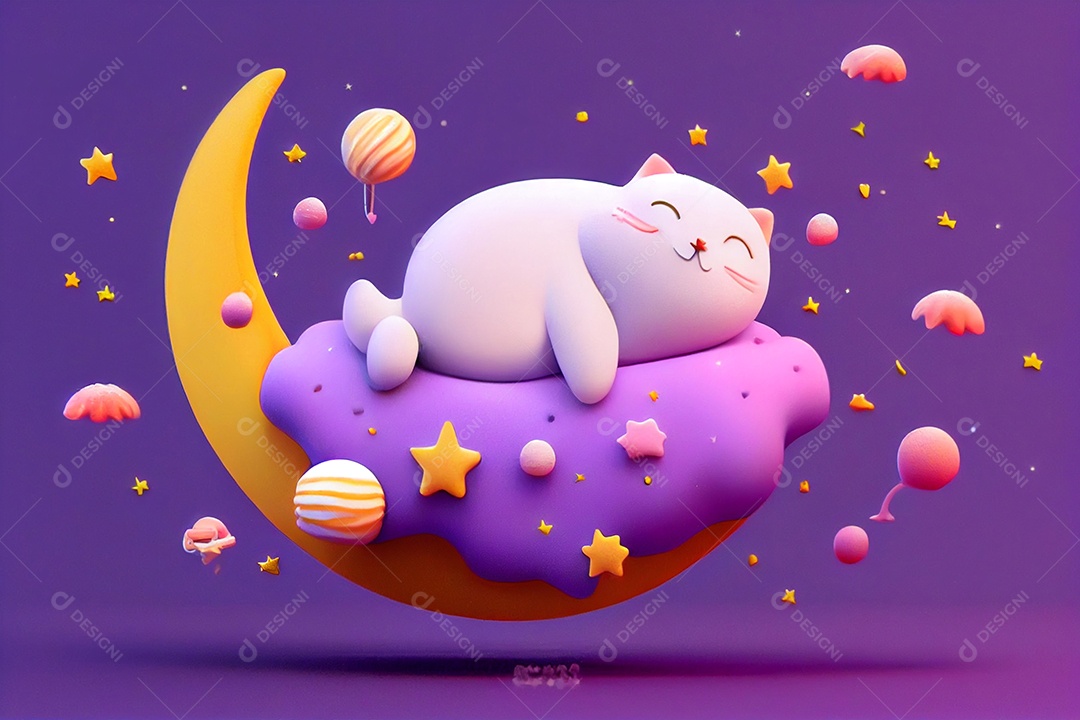 O personagem de gato bonito dormindo na lua e sorrindo.
