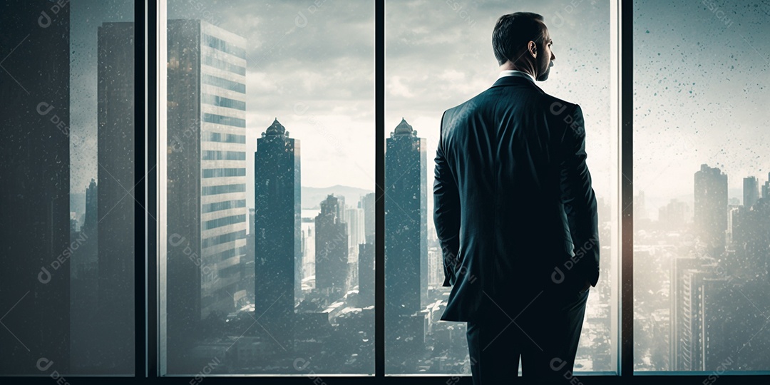 Homem olhando para fora do prédio do escritório corporativo