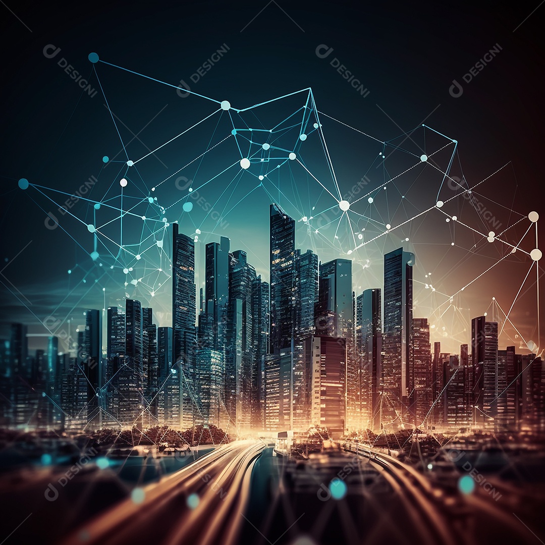 Fundo de tecnologia da paisagem da cidade com pontos de conexão