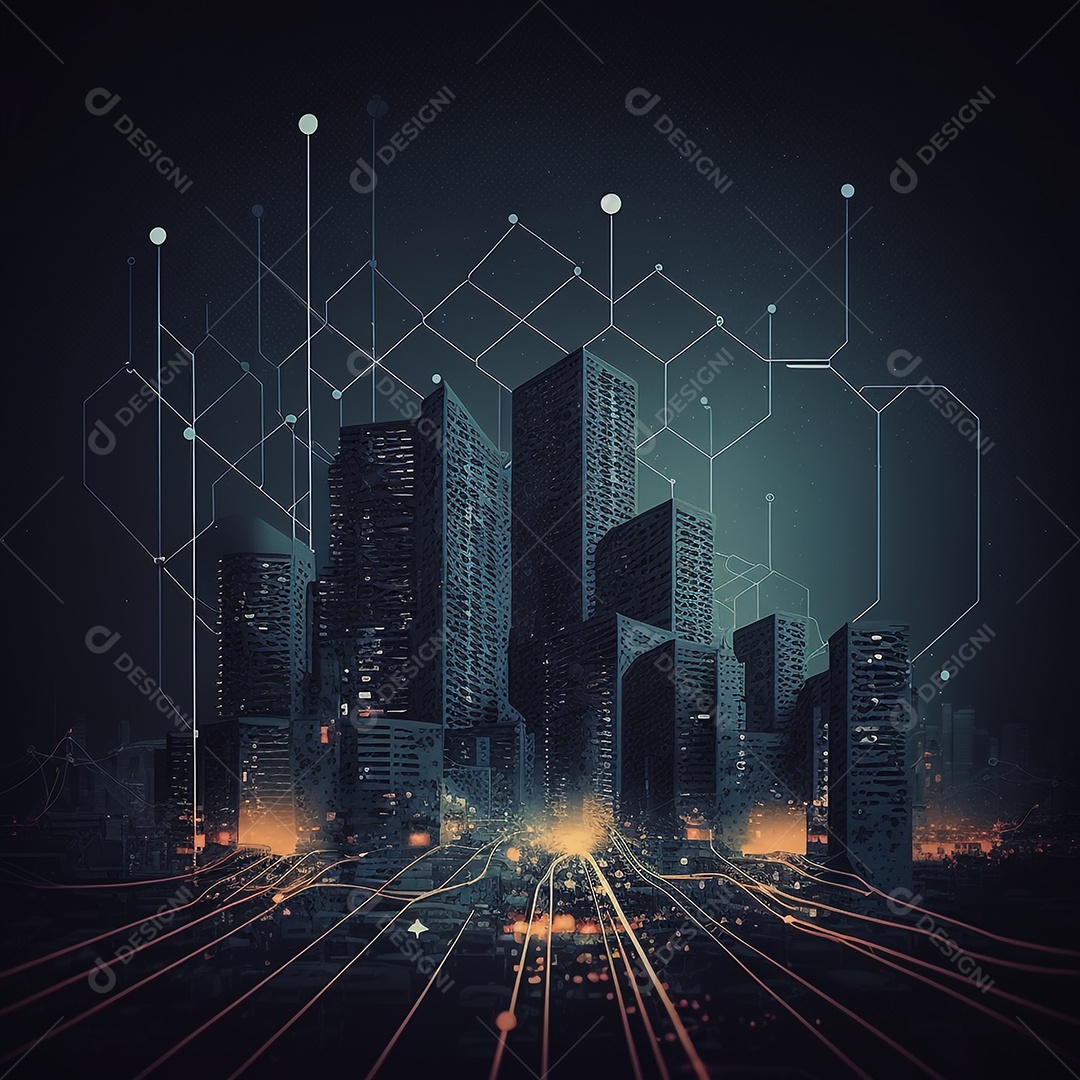 Fundo de tecnologia da paisagem da cidade com pontos de conexão