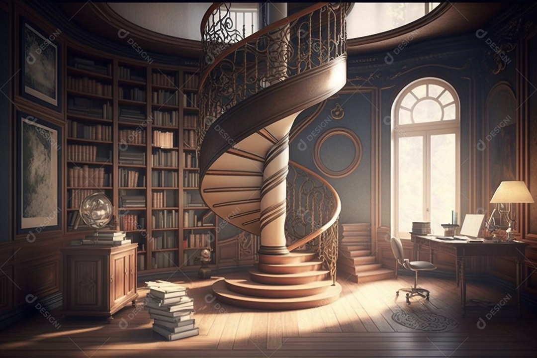 Escada em espiral em uma grande sala com estantes