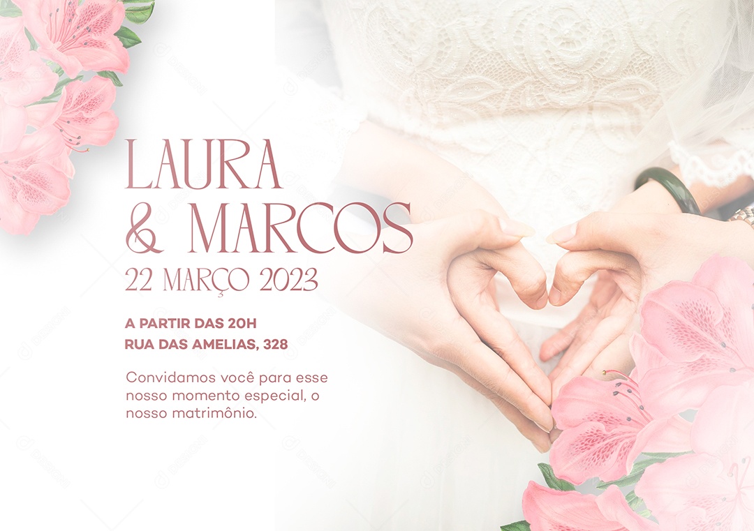 Modelo de Convite de Casamento Laura & Marcos Convidamos Você PSD Editável