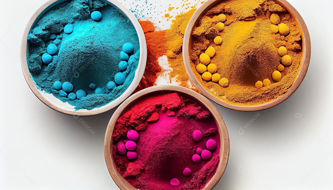 Pó de cor holi. cores gulal orgânicas em tigela