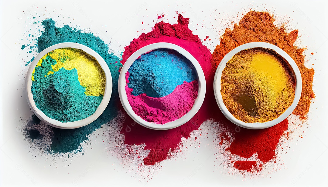 Pó de cor holi. cores gulal orgânicas em tigela