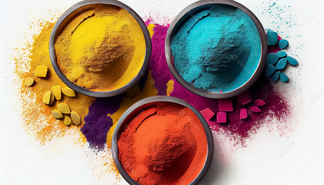 Pó de cor holi. cores gulal orgânicas em tigela