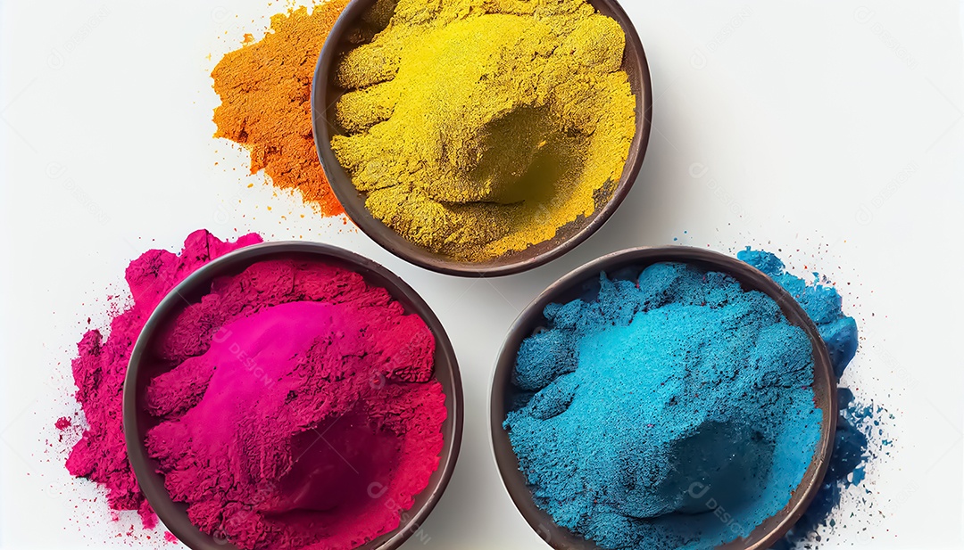 Pó de cor holi. cores gulal orgânicas em tigela