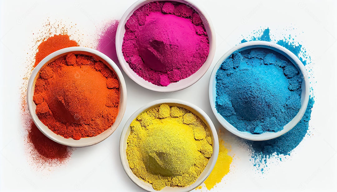 Pó de cor holi. cores gulal orgânicas em tigela