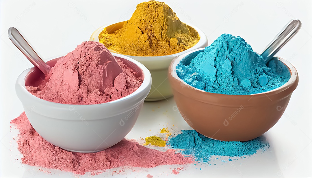 Pó de cor holi. cores gulal orgânicas em tigela