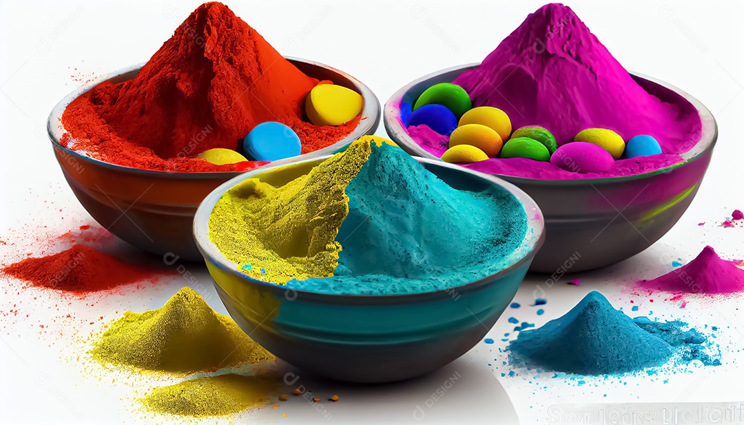 Pó de cor holi. cores gulal orgânicas em tigela