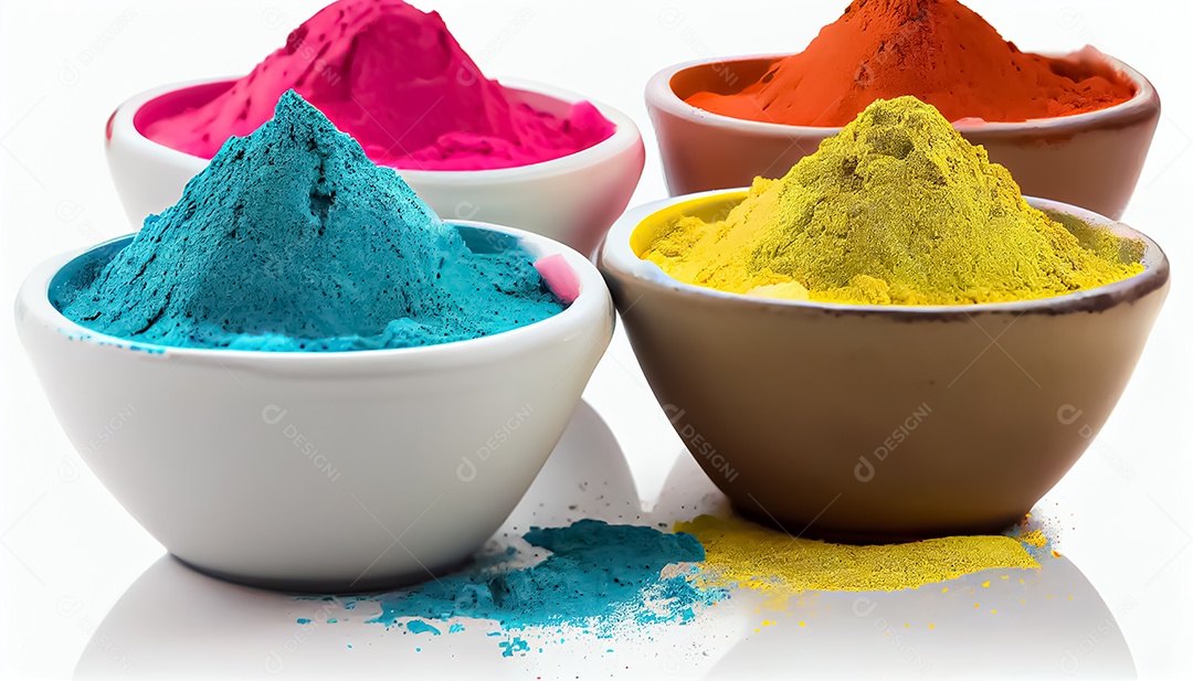 Pó de cor holi. cores gulal orgânicas em tigela