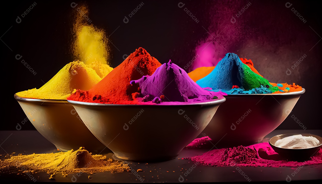 Pó de cor holi. cores gulal orgânicas em tigela