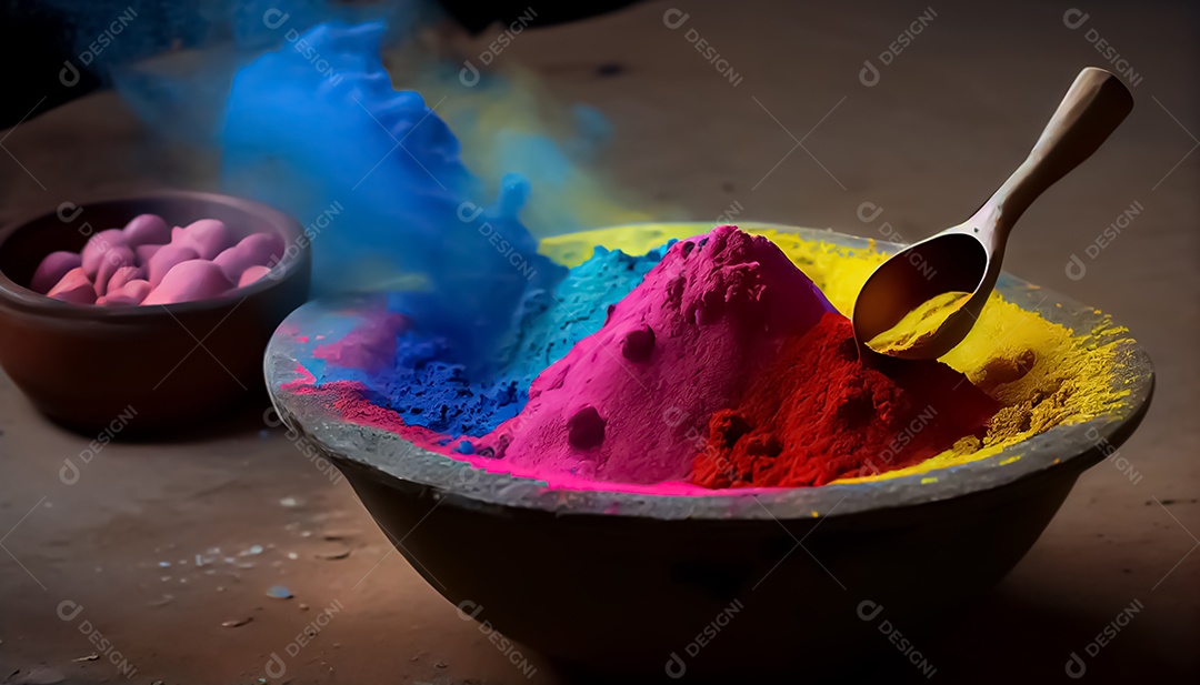 Pó de cor holi. cores gulal orgânicas em tigela