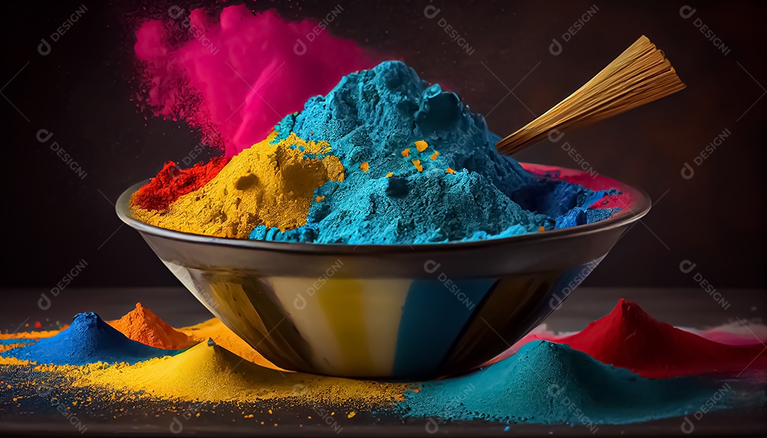 Pó de cor holi. cores gulal orgânicas em tigela