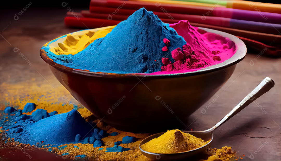 Pó de cor holi. cores gulal orgânicas em tigela