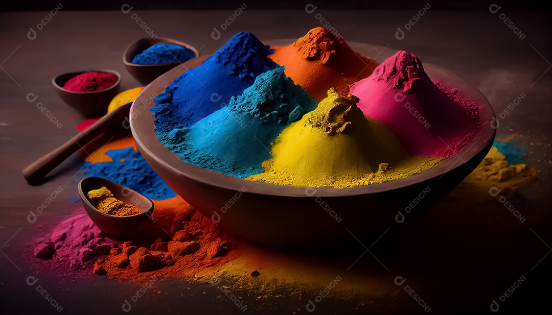 Pó de cor holi. cores gulal orgânicas em tigela