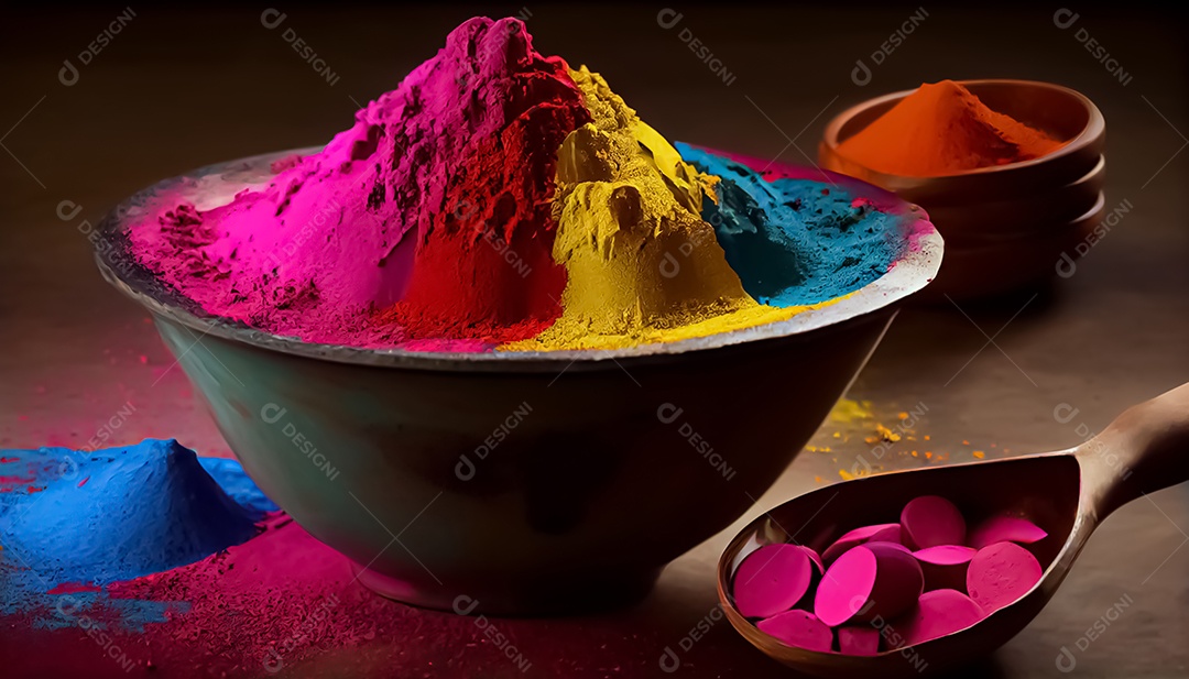 Pó de cor holi. cores gulal orgânicas em tigela