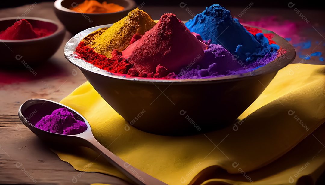 Pó de cor holi. cores gulal orgânicas em tigela
