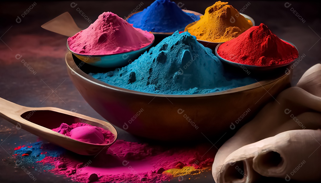 Pó de cor holi. cores gulal orgânicas em tigela