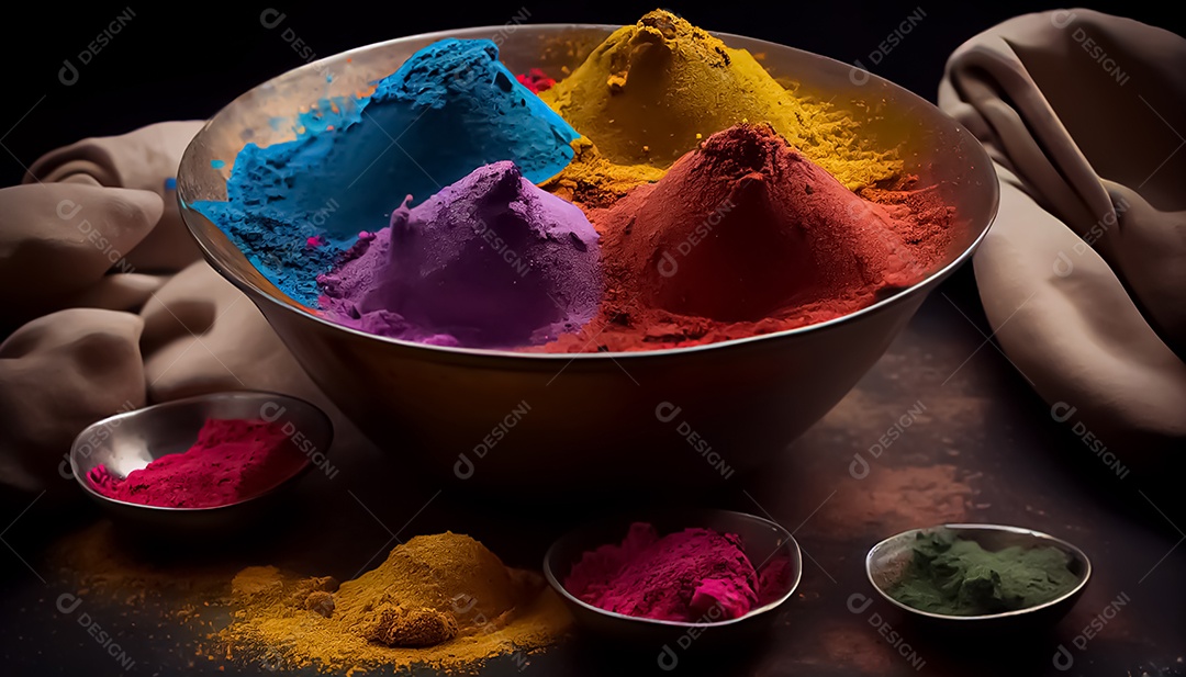 Pó de cor holi. cores gulal orgânicas em tigela