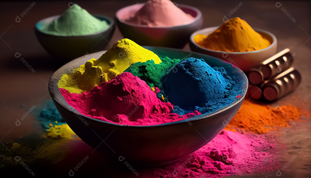 Pó de cor holi. cores gulal orgânicas em tigela