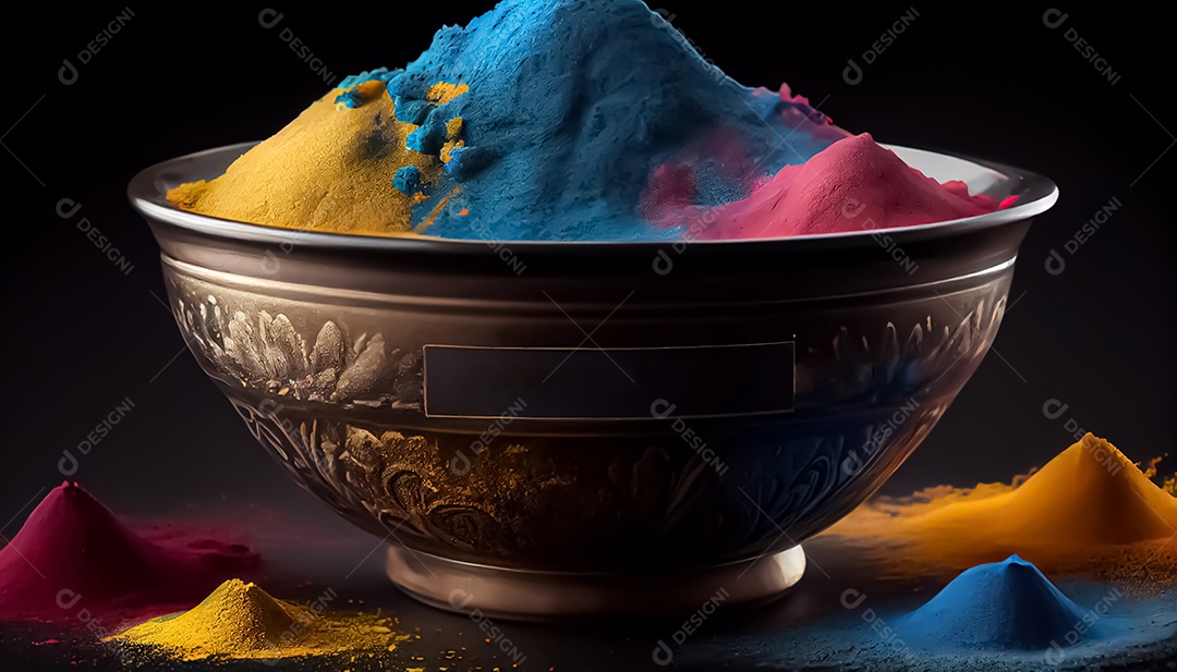 Pó de cor holi. cores gulal orgânicas em tigela