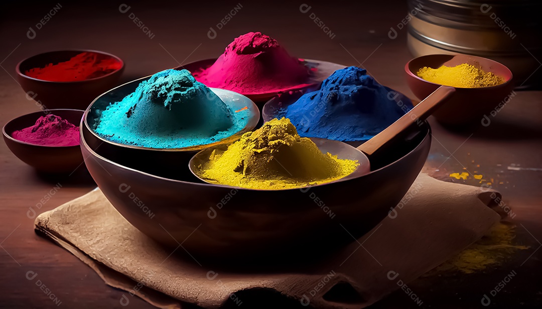 Pó de cor holi. cores gulal orgânicas em tigela