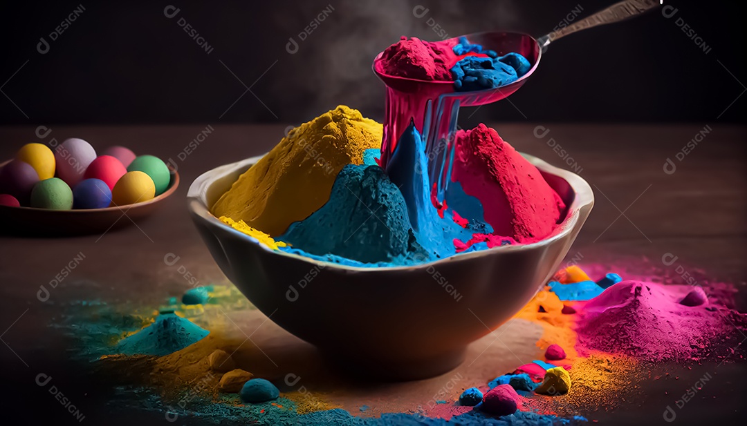 Pó de cor holi. cores gulal orgânicas em tigela