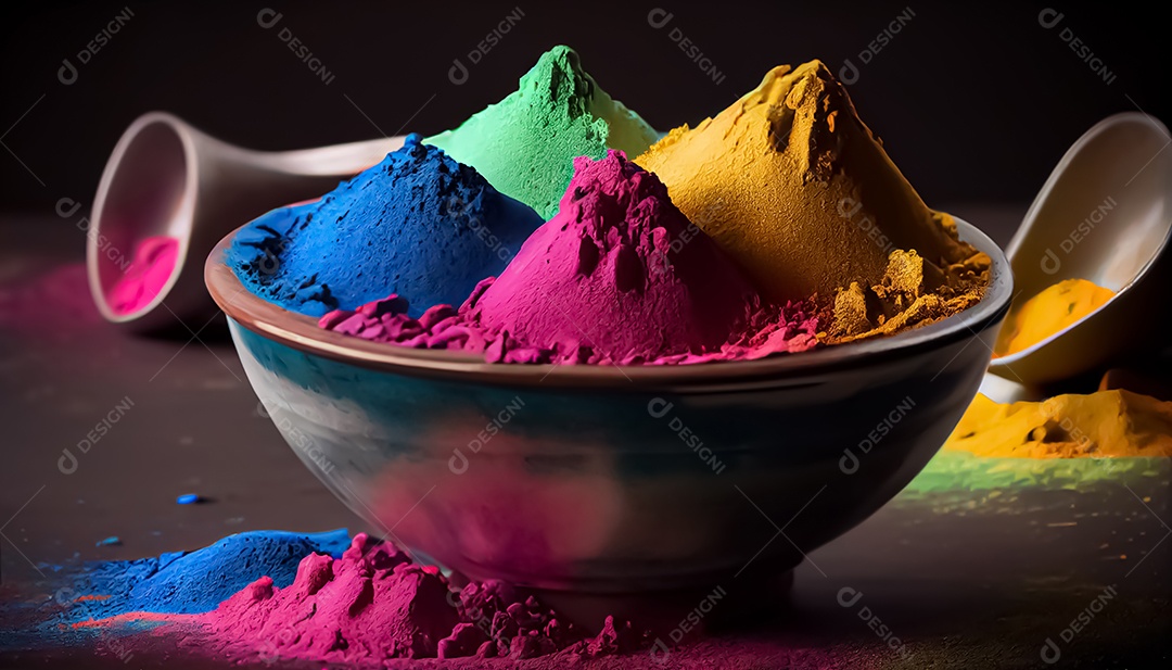 Pó de cor holi. cores gulal orgânicas em tigela
