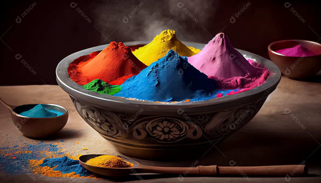 Pó de cor holi. cores gulal orgânicas em tigela