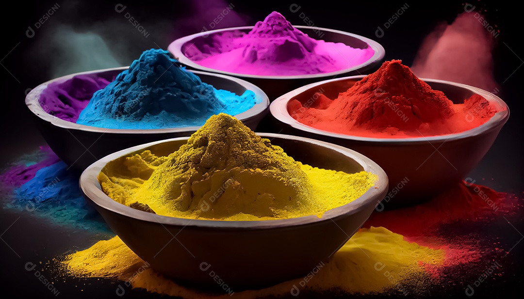 Pó de cor holi. cores gulal orgânicas em tigela