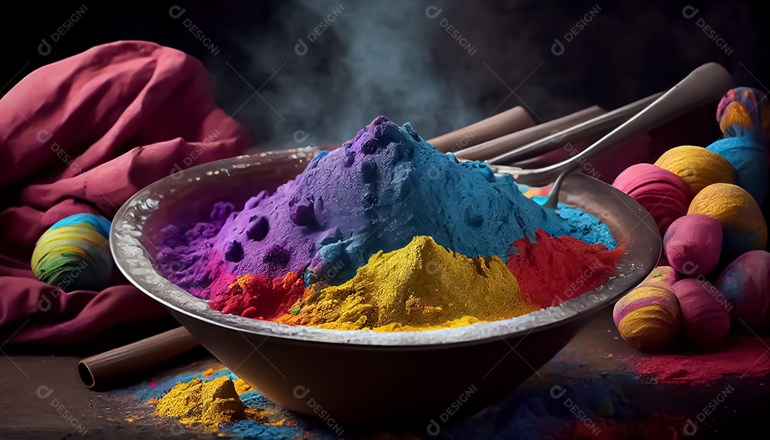 Pó de cor holi. cores gulal orgânicas em tigela