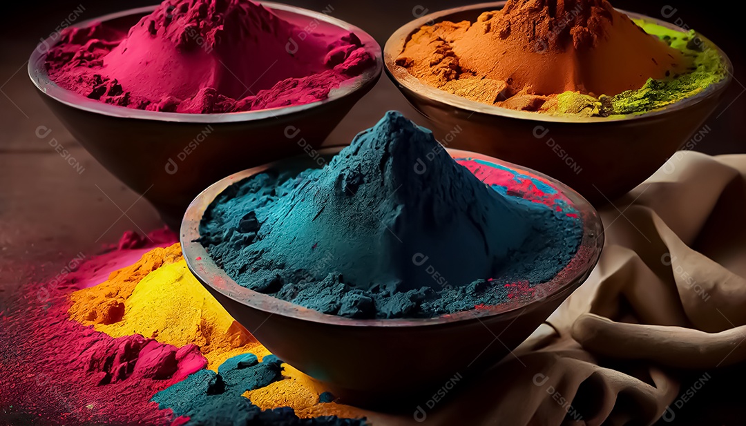 Pó de cor holi. cores gulal orgânicas em tigela