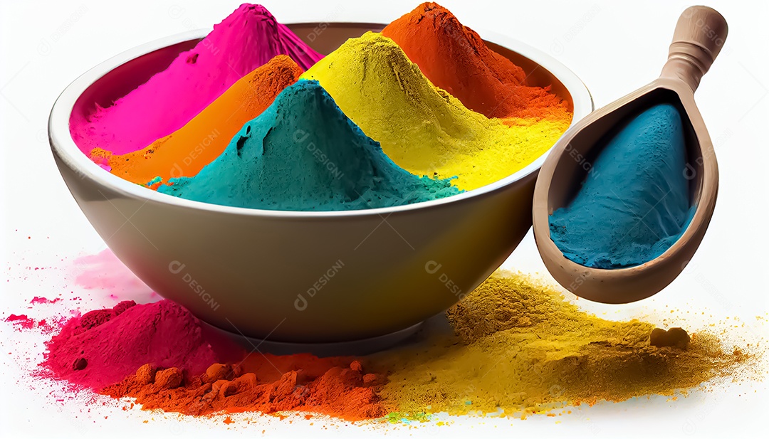 Pó de cor holi. cores gulal orgânicas em tigela