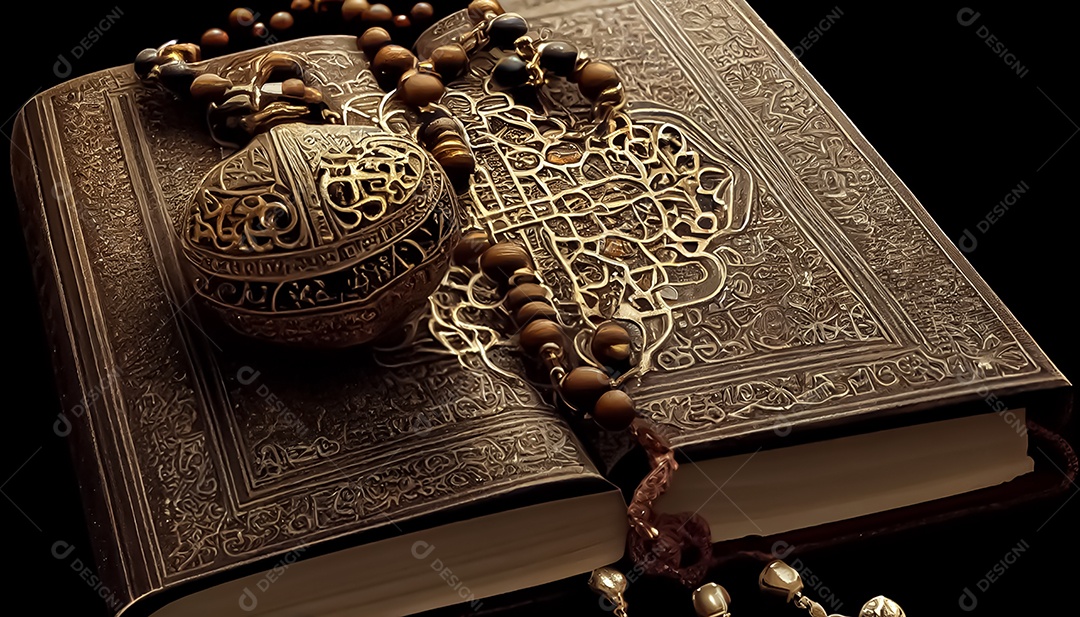 livro islâmico alcorão com rosário Ramadã o tempo sagrado para oração