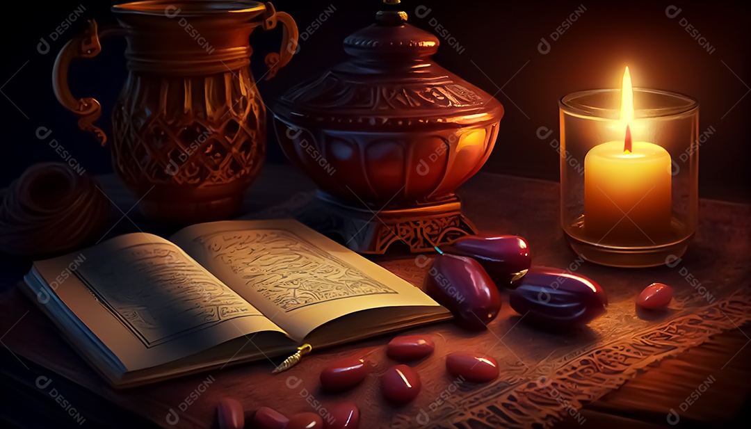 Abriu o Alcorão perto da vela e doces datas Ramadã o tempo sagrado para oração