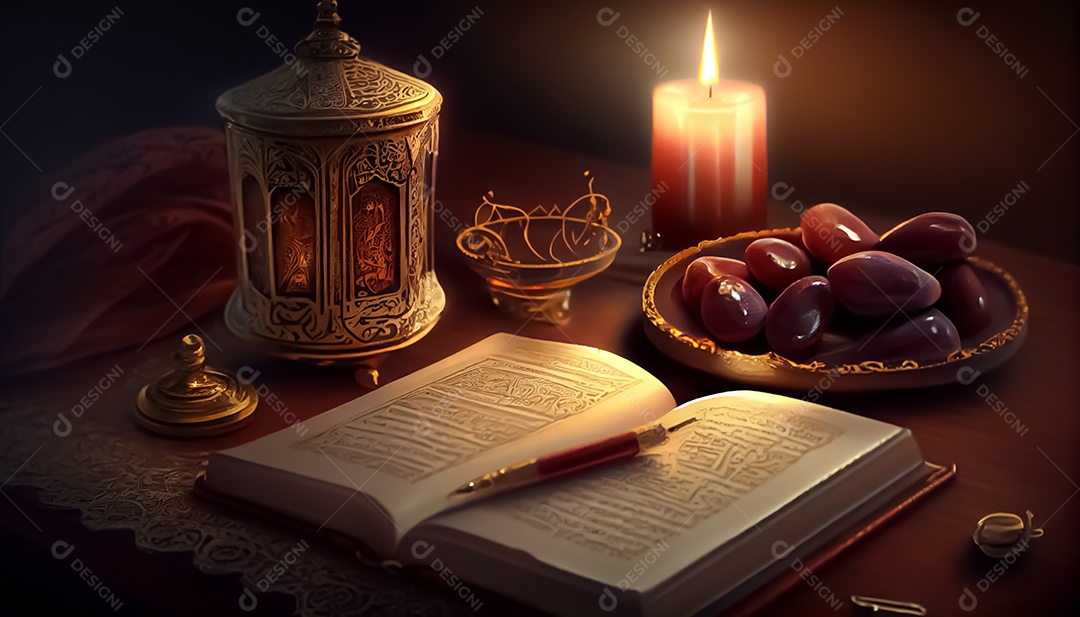 Abriu o Alcorão perto da vela e doces datas Ramadã o tempo sagrado para oração
