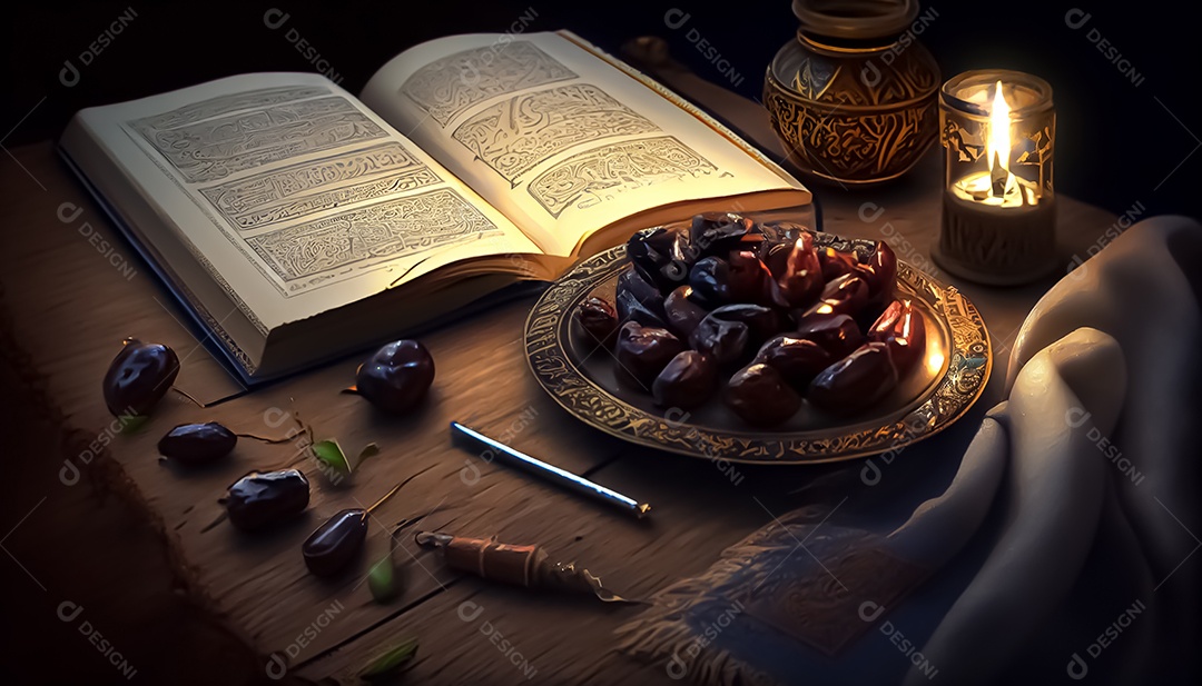 Abriu o Alcorão perto da vela e doces datas Ramadã o tempo sagrado para oração