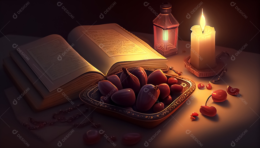 Abriu o Alcorão perto da vela e doces datas Ramadã o tempo sagrado para oração