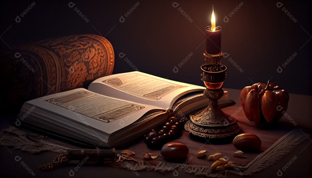 Abriu o Alcorão perto da vela e doces datas Ramadã o tempo sagrado para oração