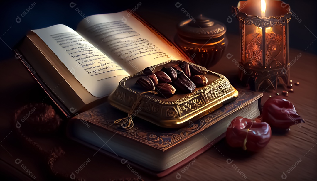 Abriu o Alcorão perto da vela e doces datas Ramadã o tempo sagrado para oração