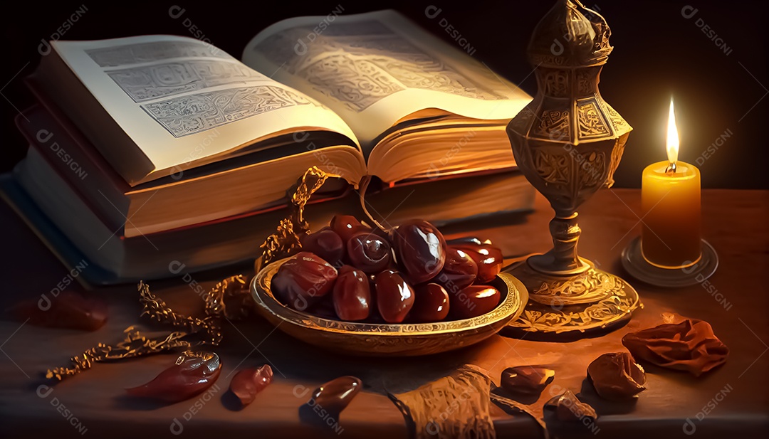 Abriu o Alcorão perto da vela e doces datas Ramadã o tempo sagrado para oração