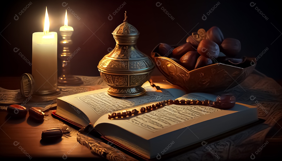 Abriu o Alcorão perto da vela e doces datas Ramadã o tempo sagrado para oração