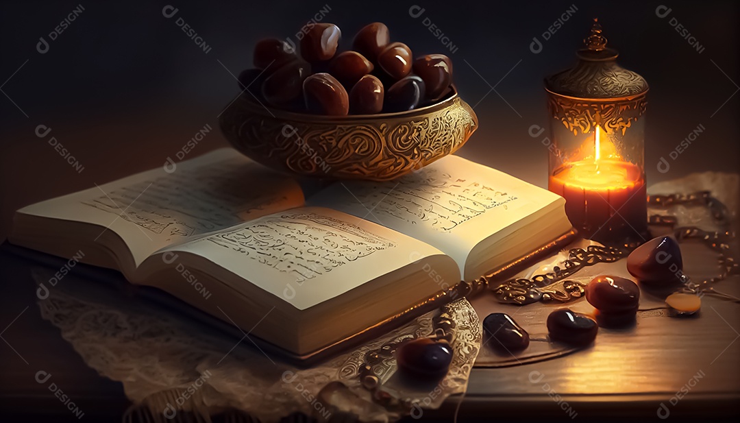 Abriu o Alcorão perto da vela e doces datas Ramadã o tempo sagrado para oração