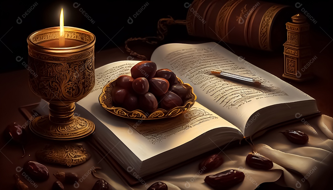 Abriu o Alcorão perto da vela e doces datas Ramadã o tempo sagrado para oração