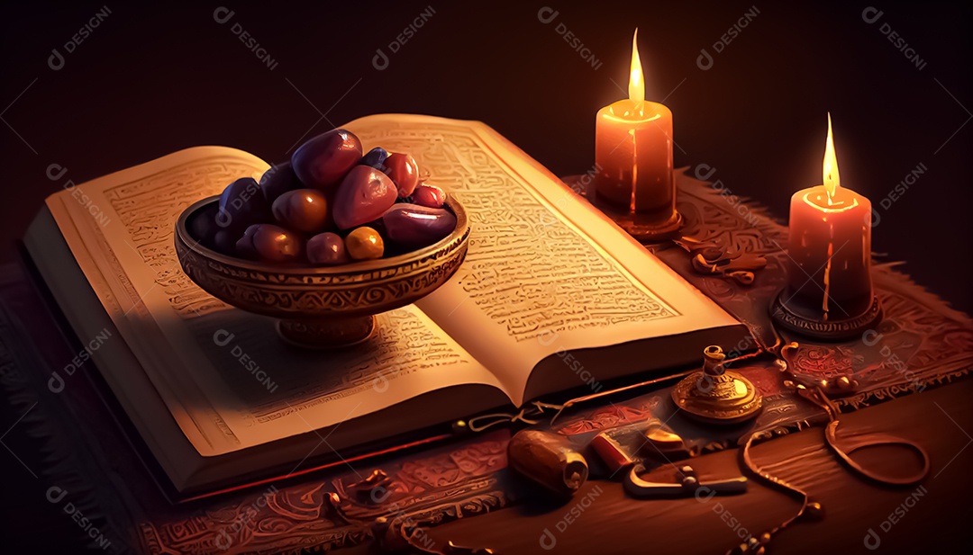Abriu o Alcorão perto da vela e doces datas Ramadã o tempo sagrado para oração