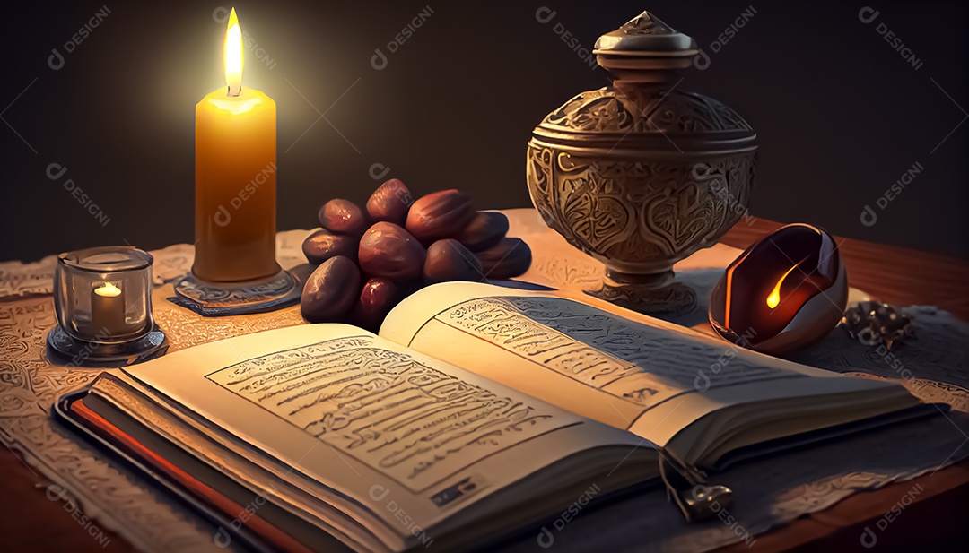 Abriu o Alcorão perto da vela e doces datas Ramadã o tempo sagrado para oração generativa ai