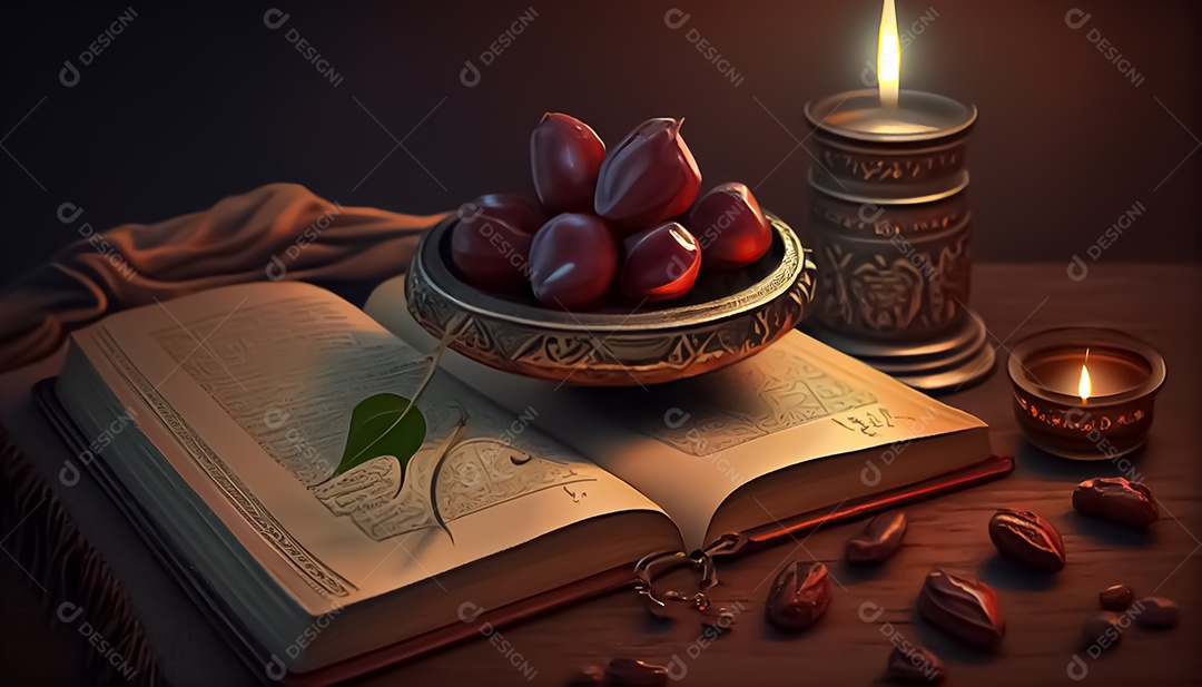 Abriu o Alcorão perto da vela e doces datas Ramadã o tempo sagrado para oração