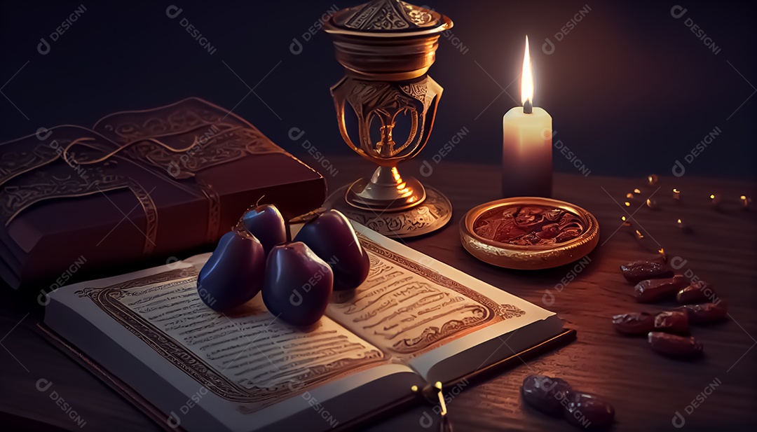 Abriu o Alcorão perto da vela e doces datas Ramadã o tempo sagrado para oração