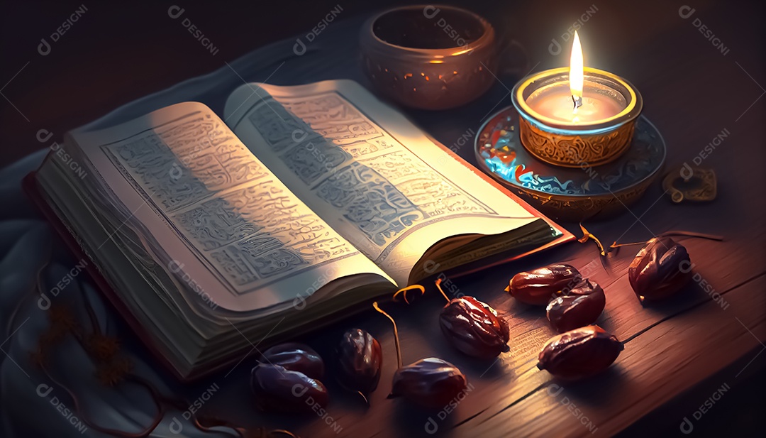 Abriu o Alcorão perto da vela e doces datas Ramadã o tempo sagrado para oração
